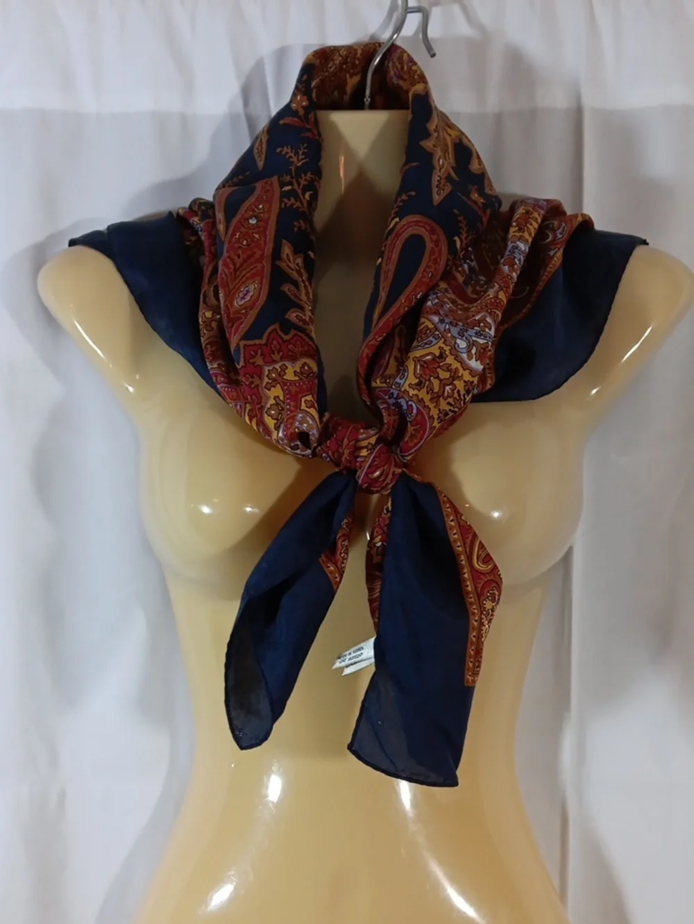 Vintage Casual Corner Womens Silk Scarf Navy Blue Paisley Korea Classic